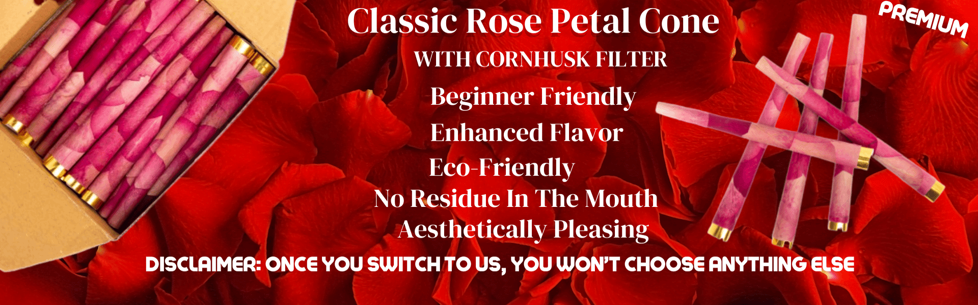 Rose Petal Cones / Natural Handrolled / 250 pack / with Cornhusk Filter & Paper Filter / 98-26mm / with Inner Paper Support/ Free Door Delivery