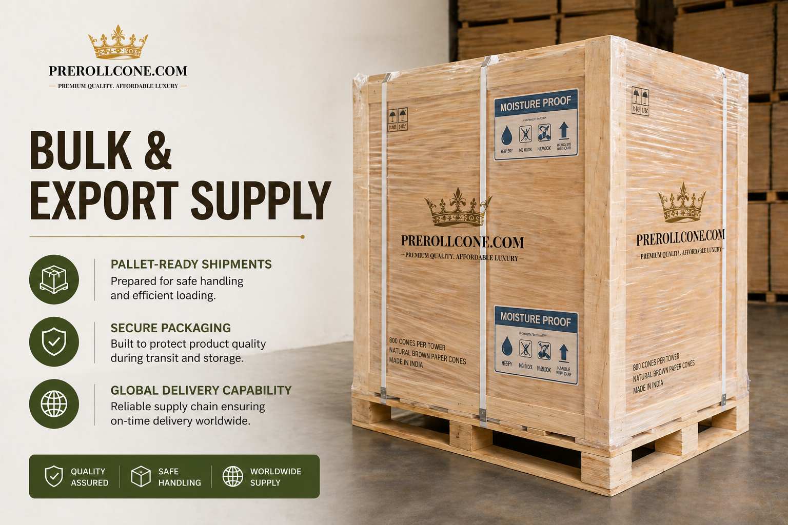 Bulk pre-roll cones packed for export shipment