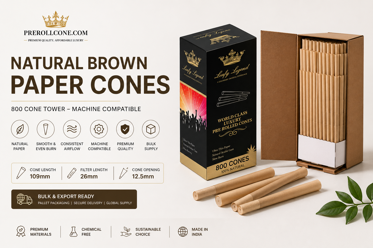 Bulk pre-roll cones packed for export shipment