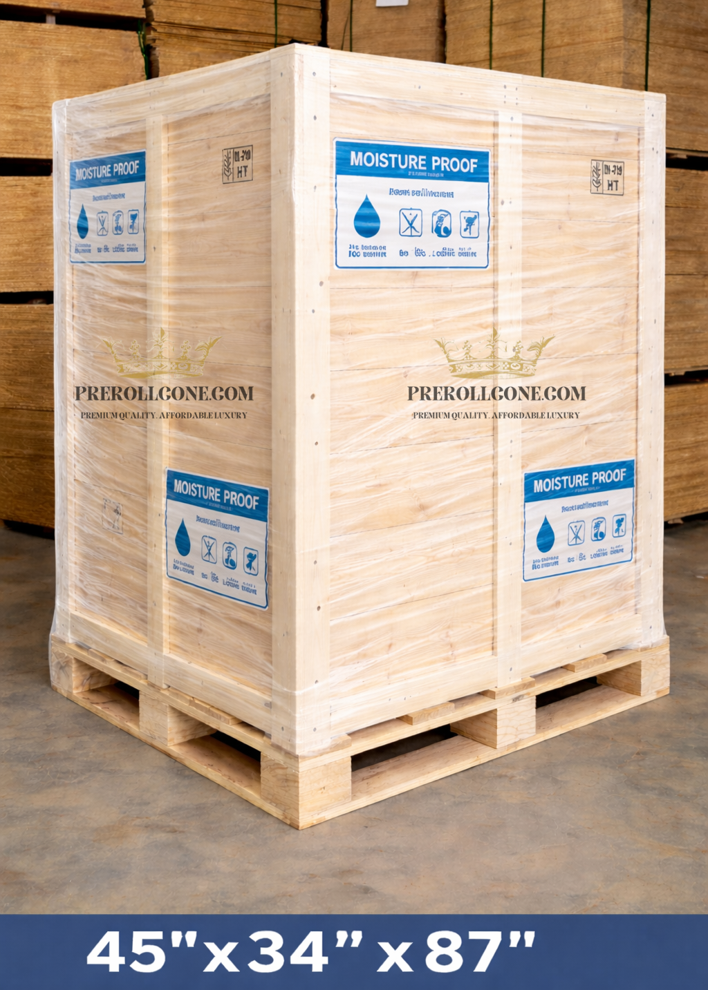 custom cone usa-Seaworthy moisture-proof wooden pallet crate 45×34×87 inches with shrink wrap packaging