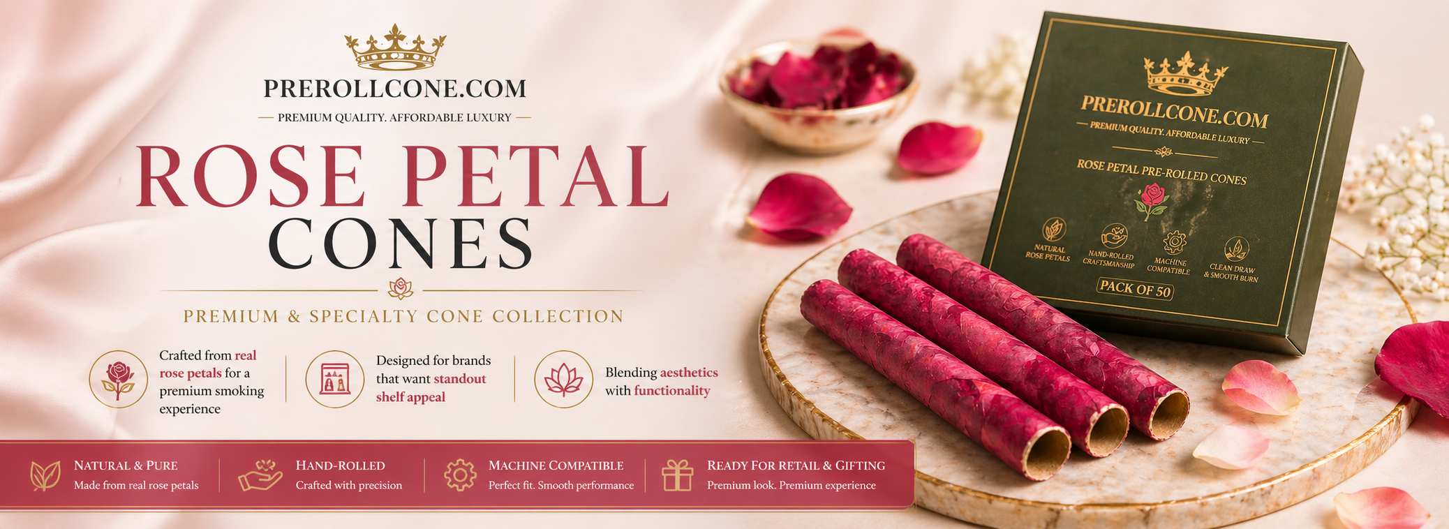Rose petal cones are a premium alternative to traditional paper cones, designed for brands that want to deliver a luxury, aromatic, and visually distinctive smoking experience. Made from real rose petals, these cones offer a smooth burn, soft floral aroma, and elegant finish, making them ideal for high-end product lines and standout SKUs.

Unlike standard formats, rose petal cones provide a unique sensory experience that enhances both presentation and performance. Their natural composition and refined look make them especially suitable for gifting collections, boutique brands, and premium retail positioning.

Our rose petal cones are crafted with consistent structure and precision, ensuring uniform airflow, reliable burn, and compatibility with both manual and machine filling processes. This allows brands to scale production while maintaining quality and consistency across batches.

To further enhance the experience, rose petal cones can be paired with multiple filter options:

Cotton filters for a smoother, softer draw
Cornhusk filters for natural and eco-conscious branding
Wooden filters for a premium tactile feel
Glass filters for a clean, luxury finish

Available in standard sizes such as 84mm, 98mm, and 109mm, these rose petal cones are suitable for bulk supply, private label programs, and global export markets. Their aesthetic appeal and performance make them a strong choice for brands looking to create high-margin, differentiated products.

With increasing demand for premium and natural formats, rose petal cones are becoming a preferred option for businesses aiming to combine visual appeal, smooth performance, and strong market positioning.