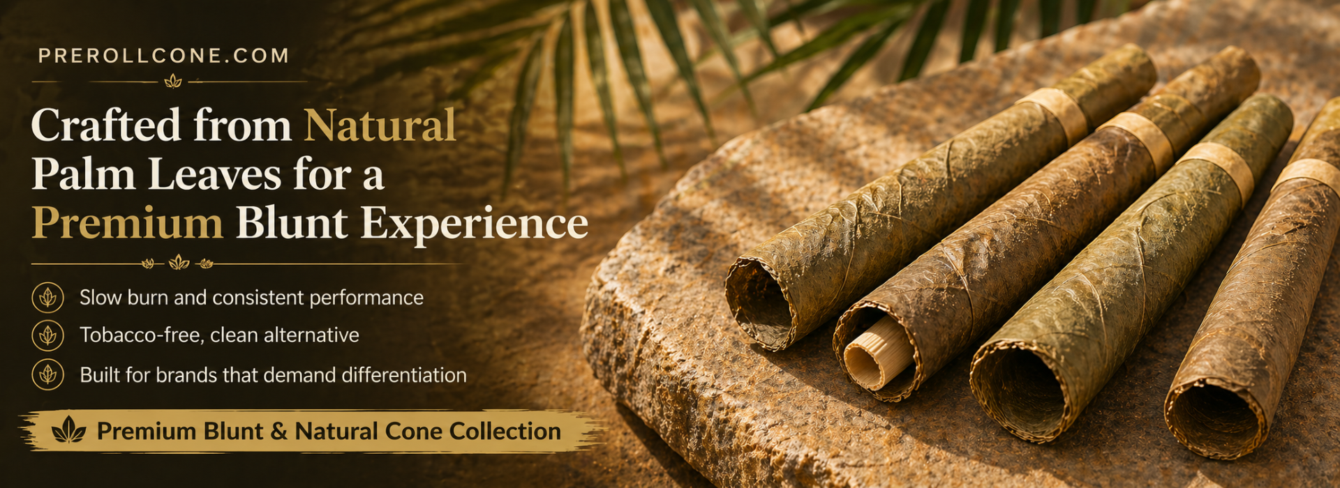 Natural palm leaf cones and blunts with a slow burn, smooth draw, and tobacco-free experience. Ideal for premium brands, private label, and bulk export supply worldwide.